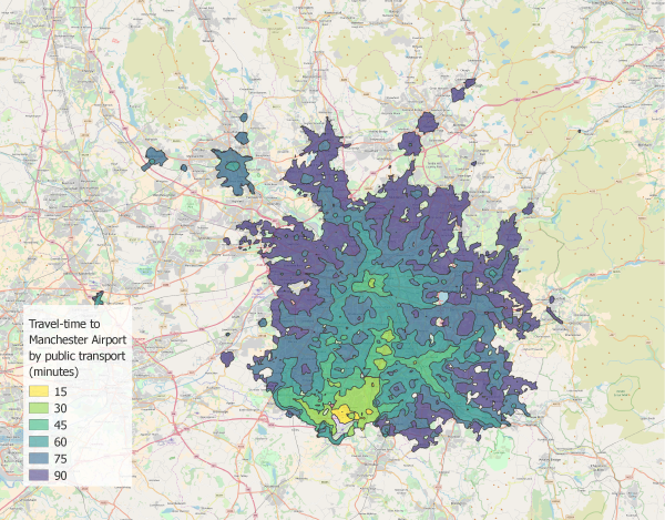 example of a set of travel time isochrones